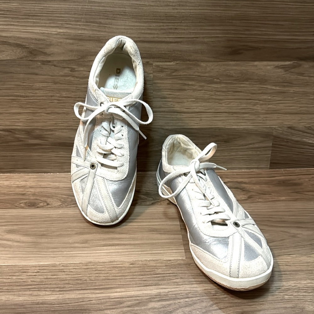 Diesel Sport Move In Suede Silver Off White Leather Lace Up Sneakers 7.5
